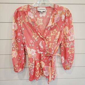 Alex and Parker Faux Wrap Ruffle Neck Floral Blouse Fairy Size M